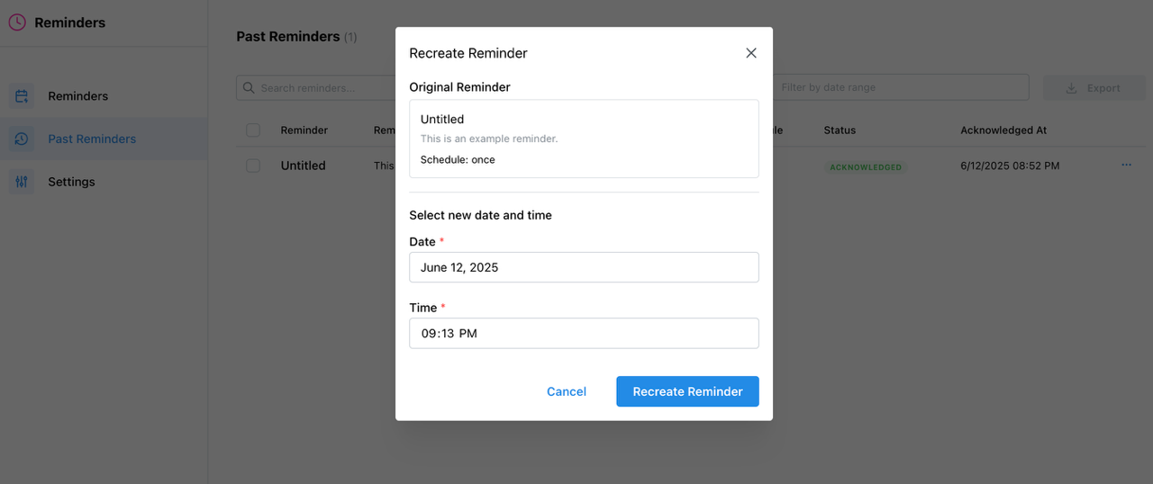 Screenshot of v2.1.10 - View and manage your past reminders